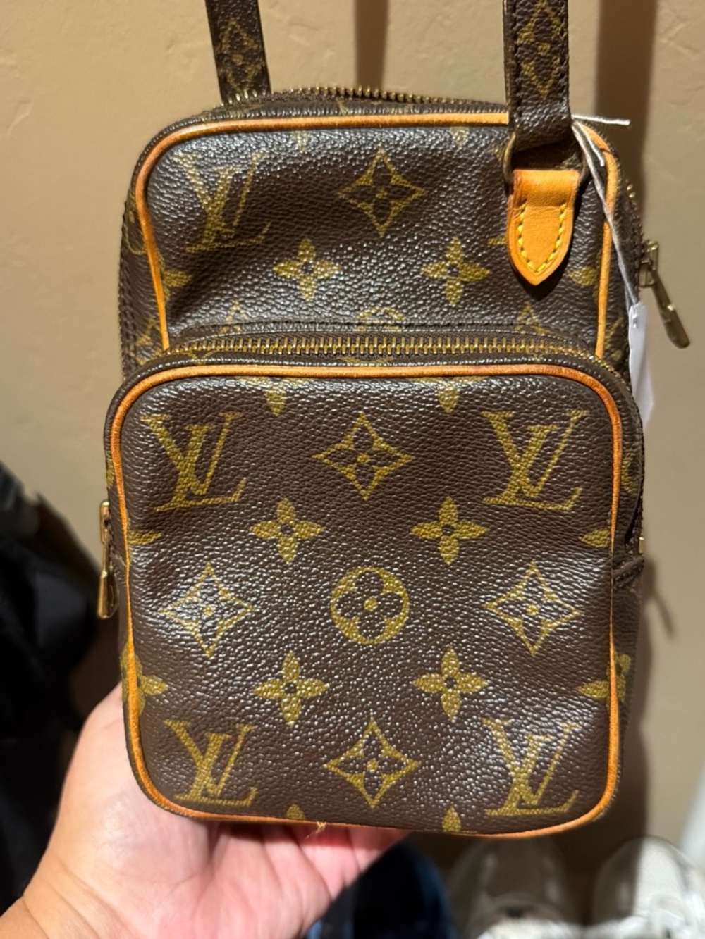 Authentic Louis Vuitton Amazon Monogram Canvas Small Messenger Bag with Tan Trim